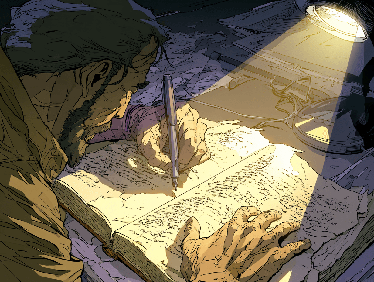 Main d'homme posée sur un livre ouvert, écriture manuscrite visible, lumière de bureau, moment d'introspection et de création — L'amour d'un papa