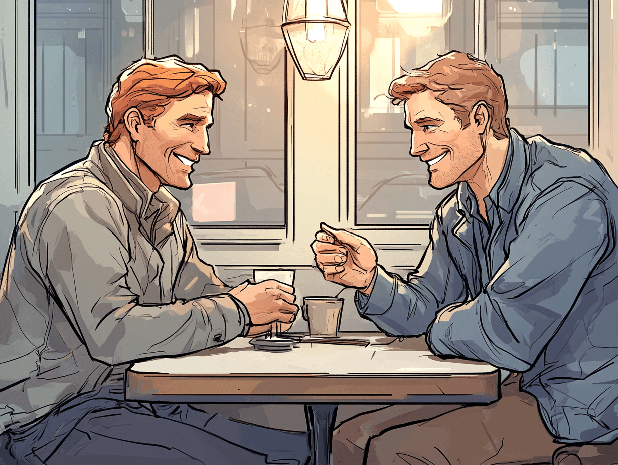 Deux hommes face à face dans un café, conversation sincère, postures ouvertes, confiance visible dans l'échange — L'amour d'un papa