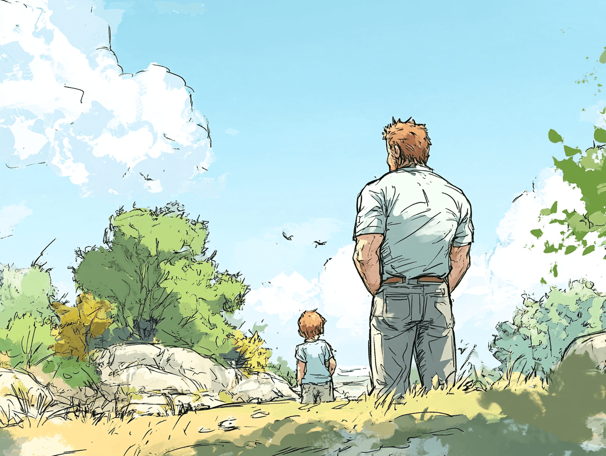 Père regardant ses enfants jouer depuis une distance, expression mêlant amour et douleur, présence et séparation simultanées — L'amour d'un papa