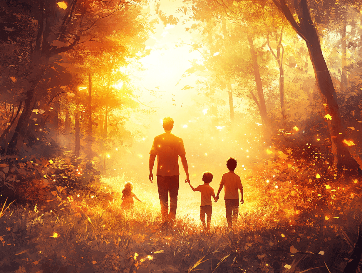 Père marchant avec ses enfants dans la lumière du matin, posture reconstituée et digne, avenir ouvert devant eux — L'amour d'un papa