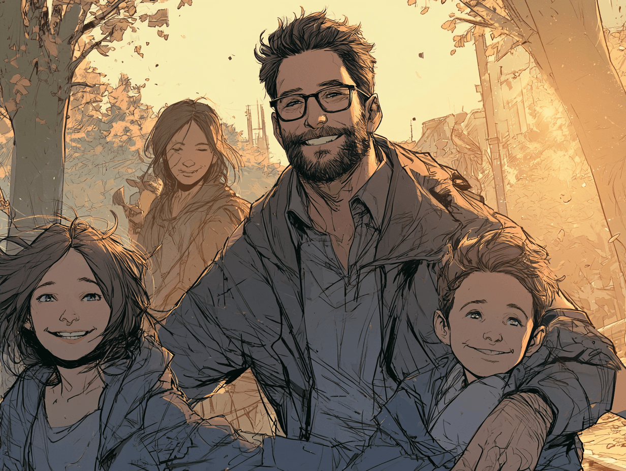 Père souriant avec ses enfants dans un parc, joie authentique, reconstruction visible dans la posture, vie qui reprend après la séparation — L'amour d'un papa