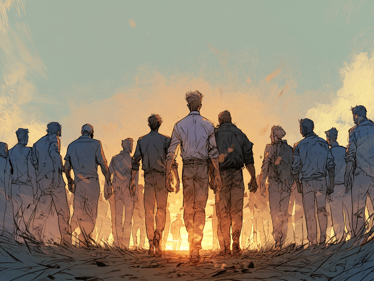 Groupe d'hommes marchant ensemble vers l'horizon, postures ouvertes, lumière devant eux, mouvement collectif vers l'avenir — L'amour d'un papa