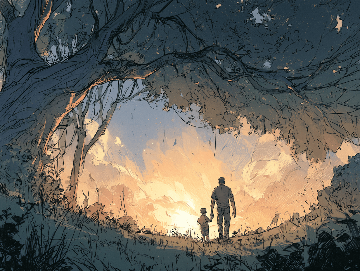 Un père qui marche seul en pleine nature, apaisé — L'amour d'un papa