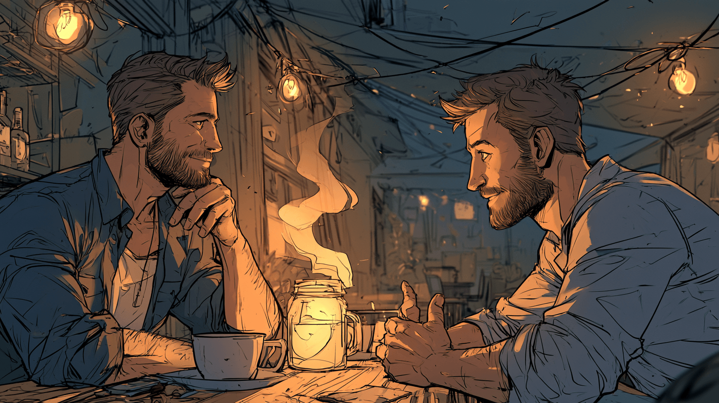 Deux hommes en conversation sincère dans un café, écoute et soutien entre pères séparés — L'amour d'un papa