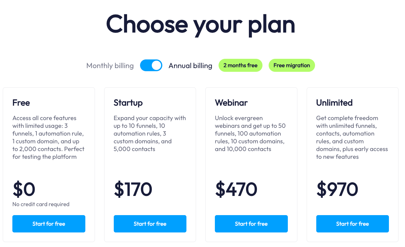 Systeme.io annual billing showing two months free and free migration details