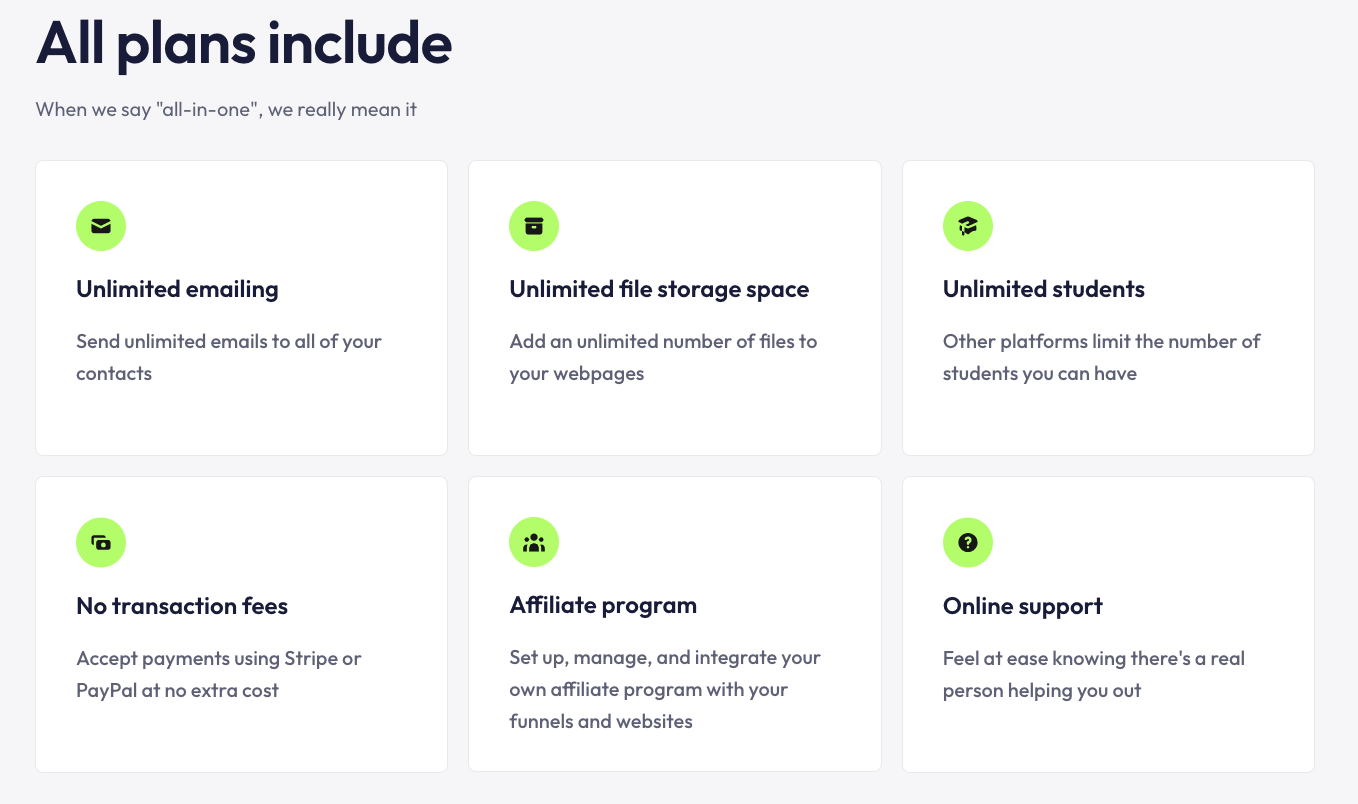 Systeme.io all plans include core online business tools