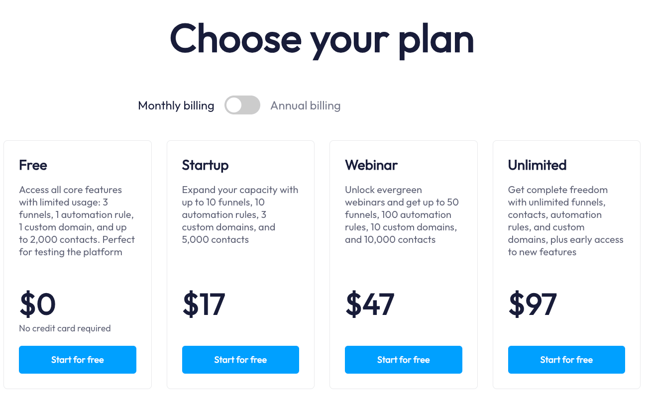 Systeme.io monthly pricing plans showing Free, Startup, Webinar, and Unlimited