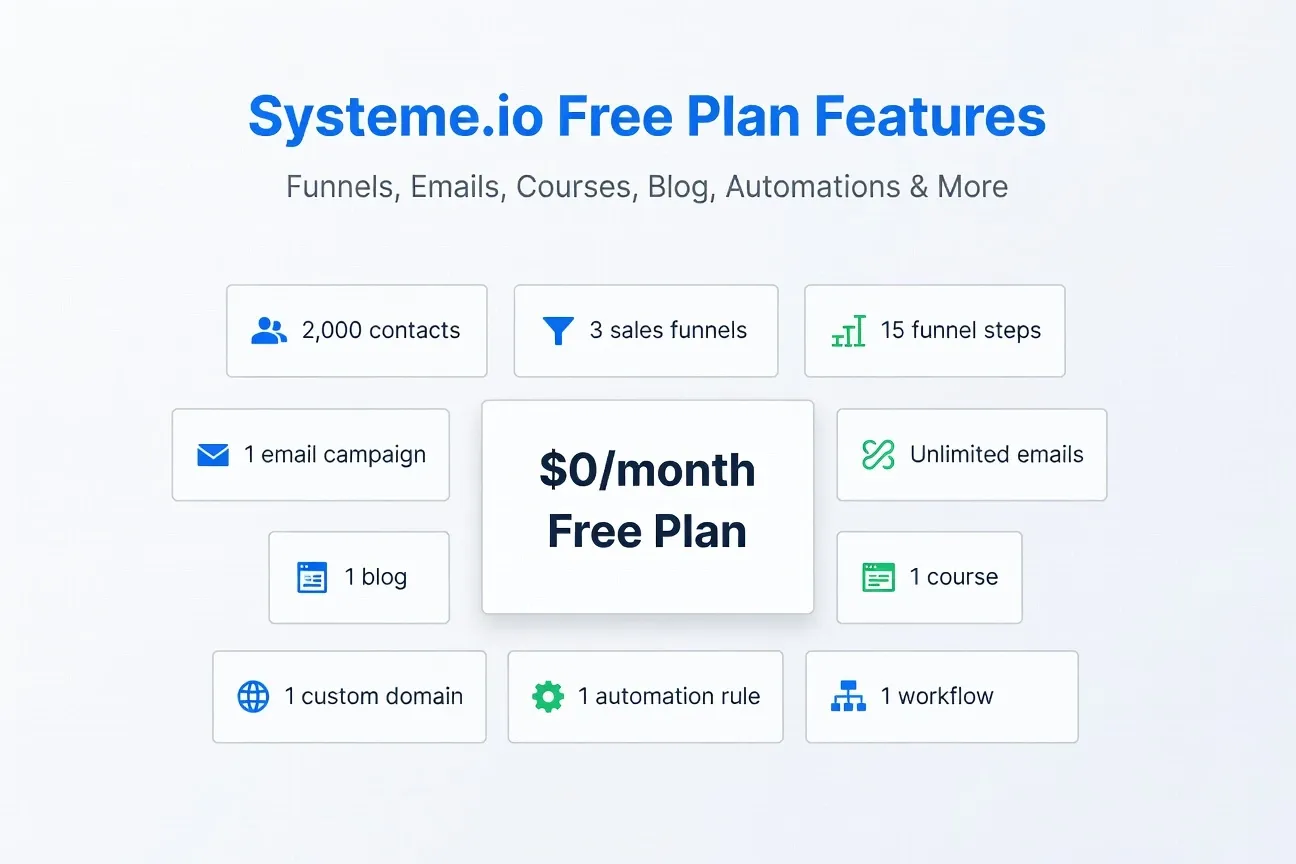 Systeme.io free plan features including contacts funnels email courses blog automation and custom domain