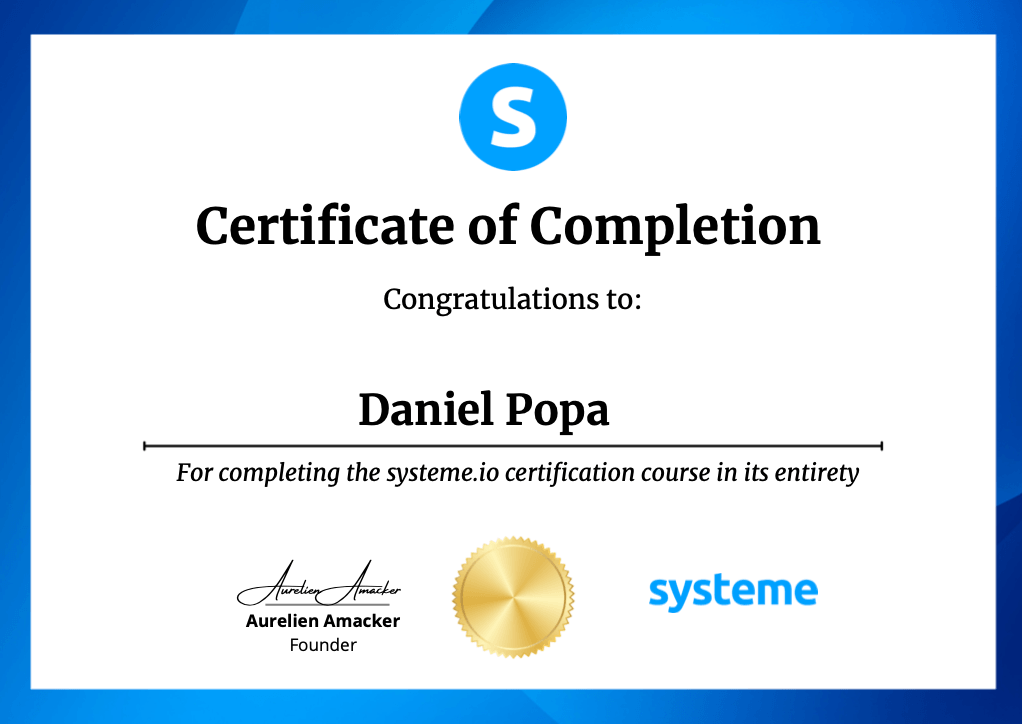 Systeme.io certification certificate of completion