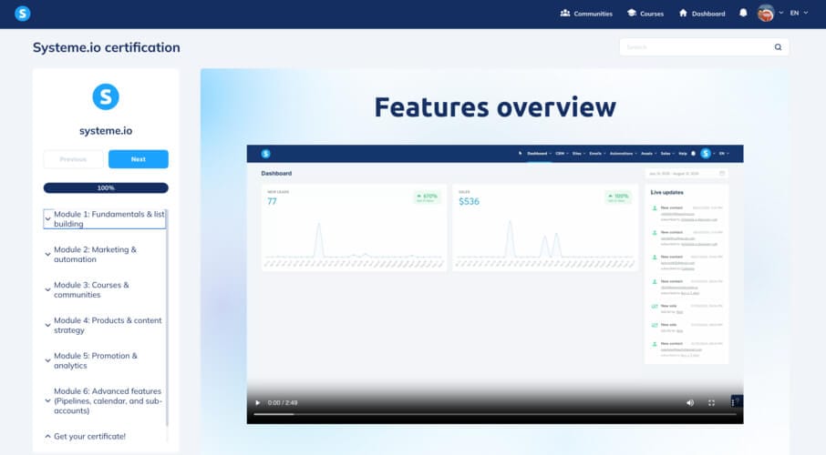 Systeme.io certification course modules and training videos