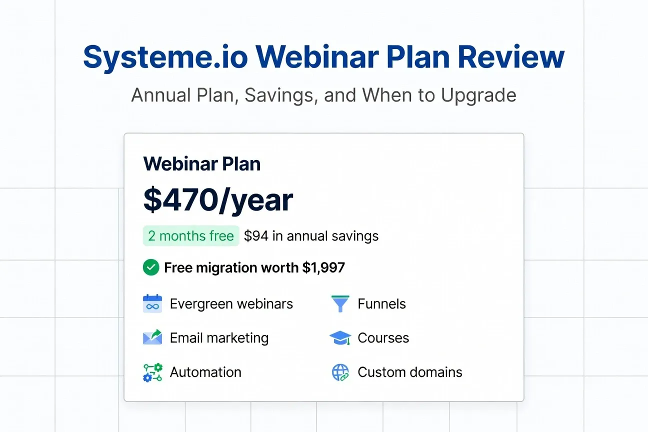 Systeme.io Webinar Plan Review annual savings and free migration