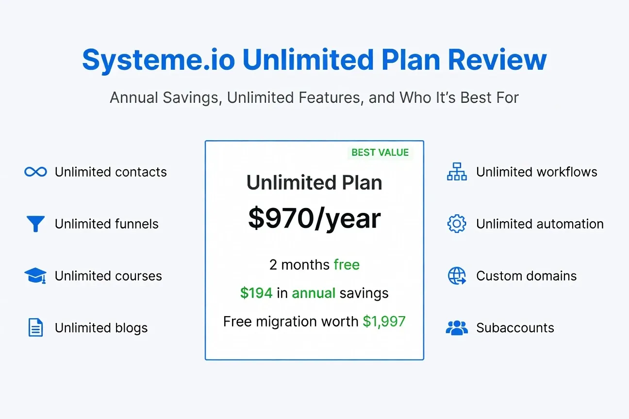 Systeme.io Unlimited Plan Review annual savings and unlimited features