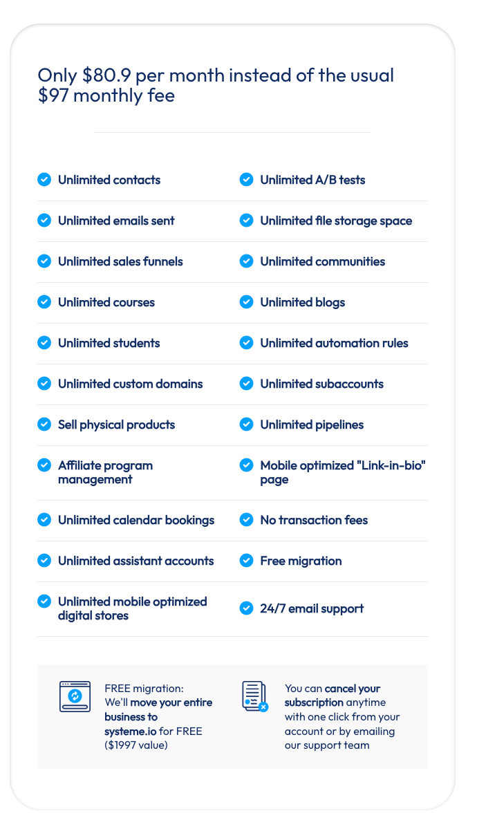 Systeme.io annual Unlimited plan pricing and features