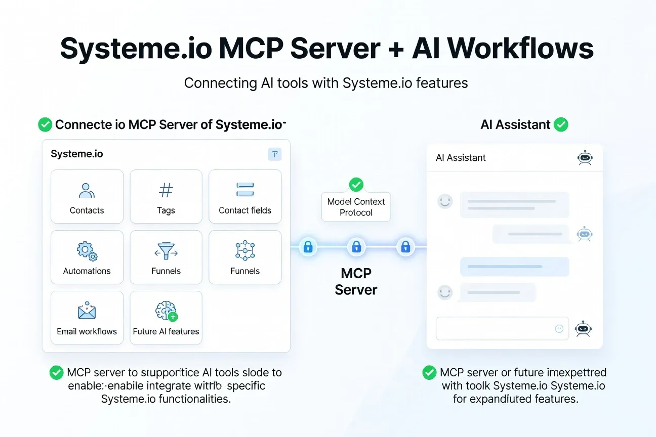 Systeme.io MCP server and AI workflows showing AI connected to Systeme.io