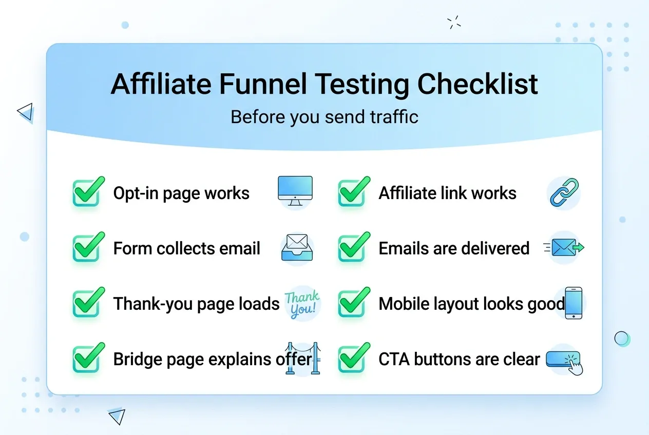 Affiliate funnel testing checklist for Systeme.io before sending traffic