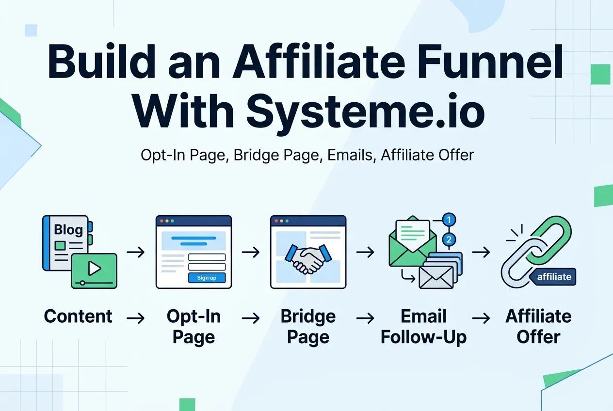 How to build an affiliate funnel with Systeme.io showing opt-in page, bridge page, emails, and affiliate offer