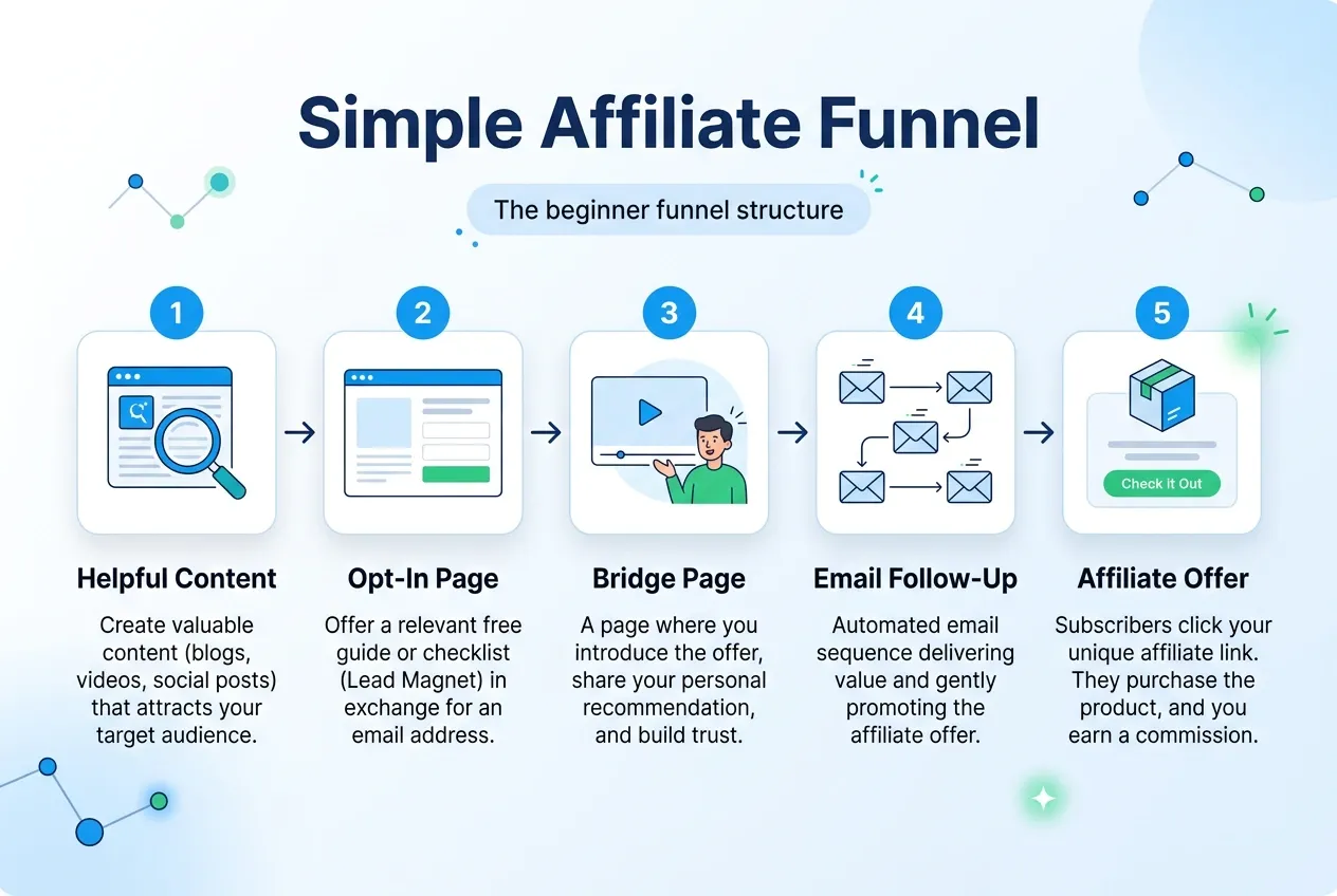Simple affiliate funnel diagram with helpful content, opt-in page, bridge page, email follow-up, and affiliate offer