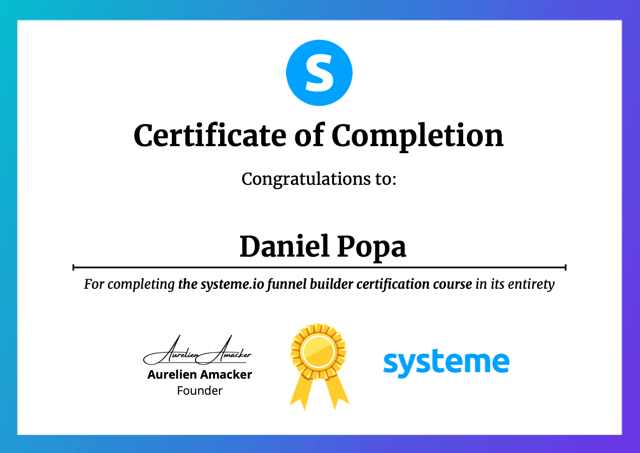 Systeme.io funnel builder certification completed by Daniel Popa
