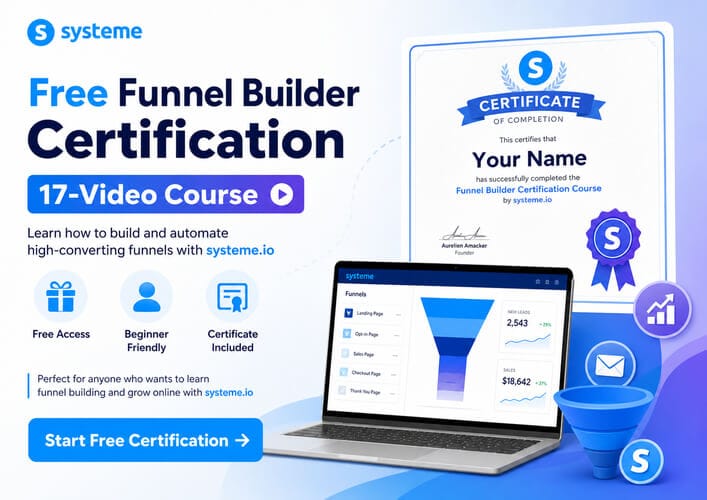 Free systeme.io funnel builder training and certification bonus