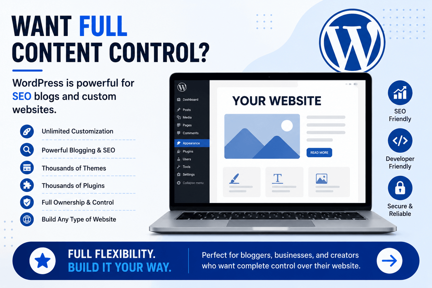 WordPress best for full content control SEO blogs and custom websites