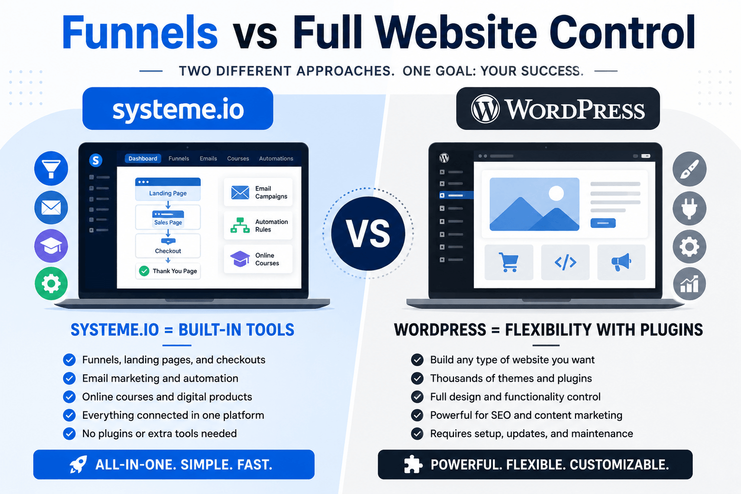 Systeme.io vs WordPress funnels versus full website control comparison