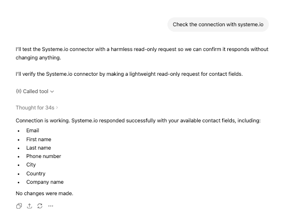 ChatGPT confirms the systeme.io MCP connection is working