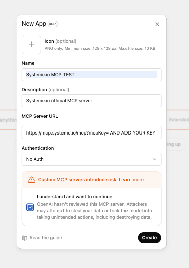 ChatGPT MCP app details with systeme.io MCP server URL