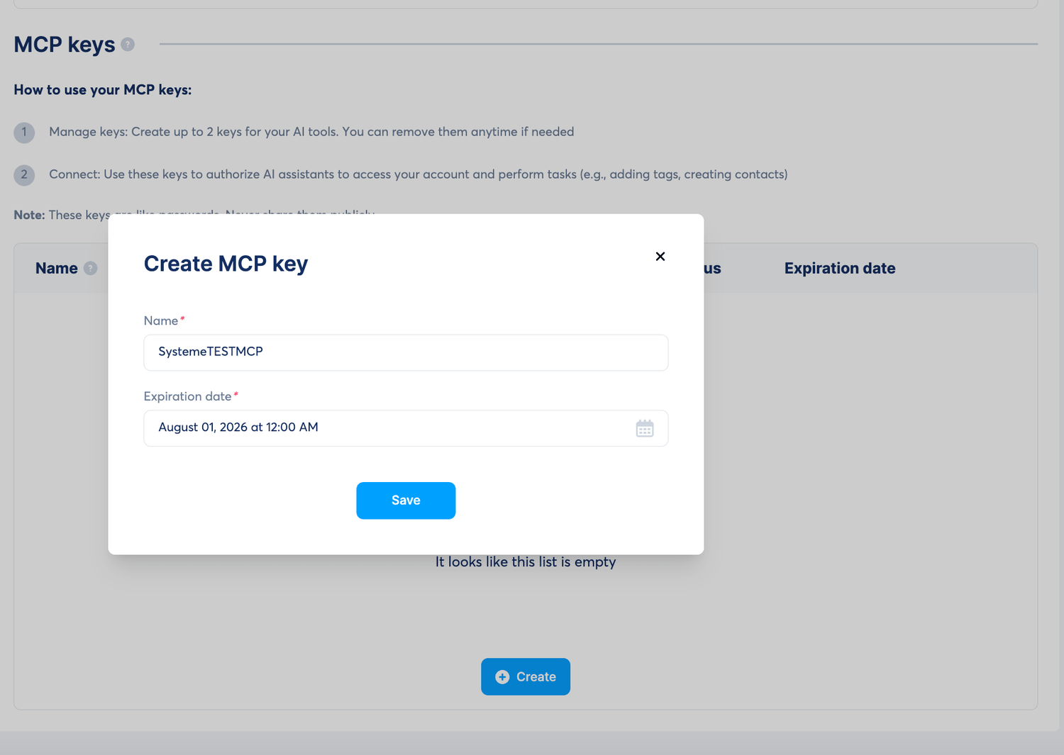 Create an MCP key inside systeme.io