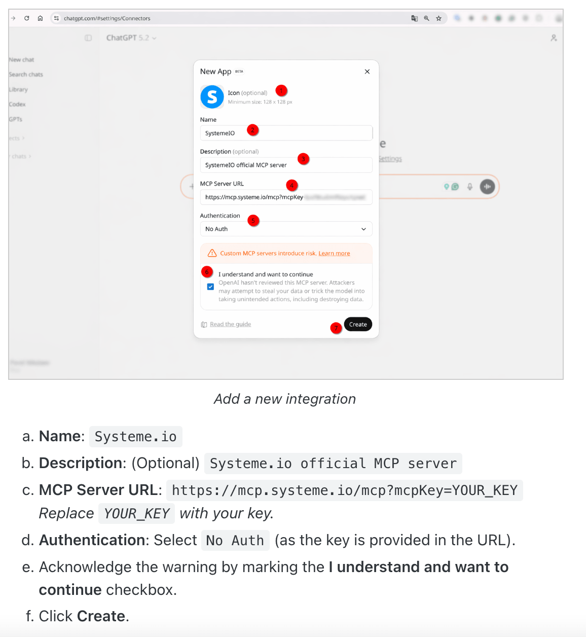 ChatGPT new app setup for systeme.io MCP