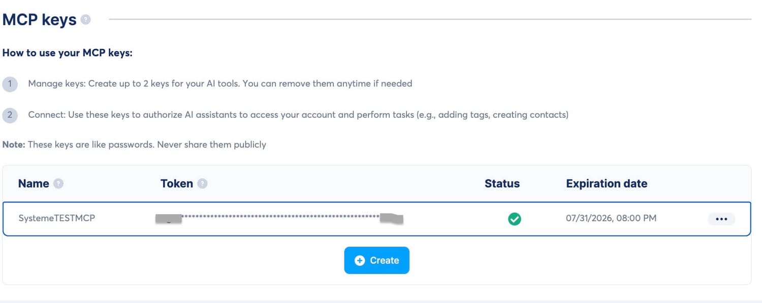 Systeme.io MCP key created and ready to copy