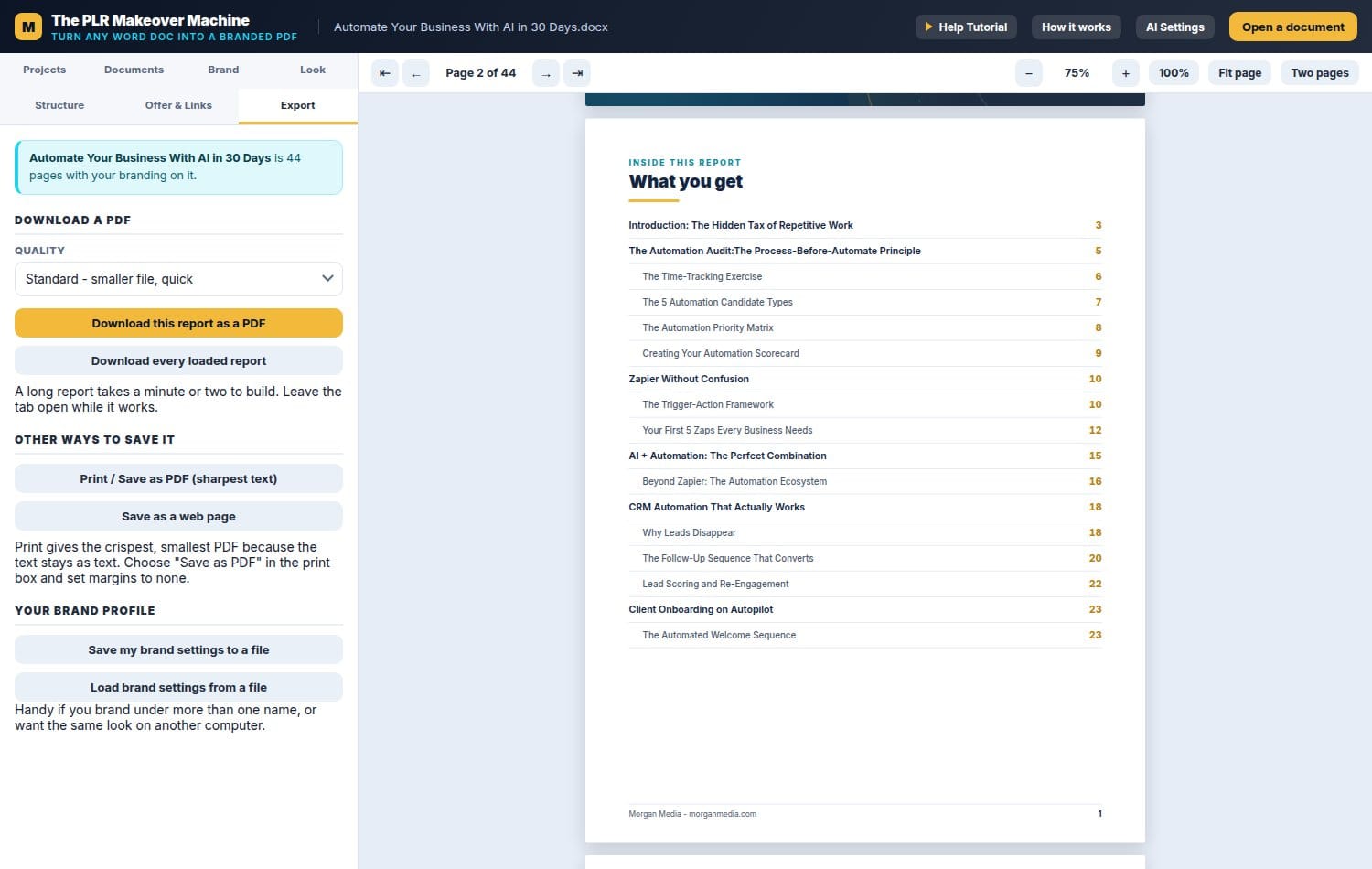 Export tab for PDF downloads