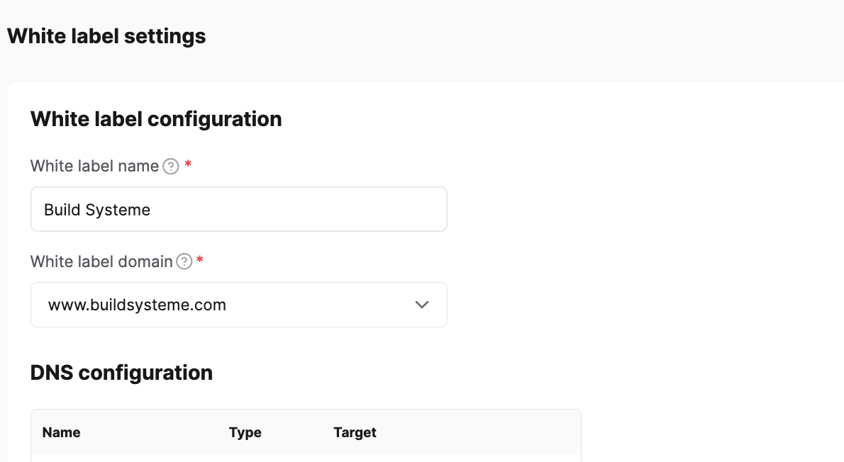 White-label configuration showing the custom domain name