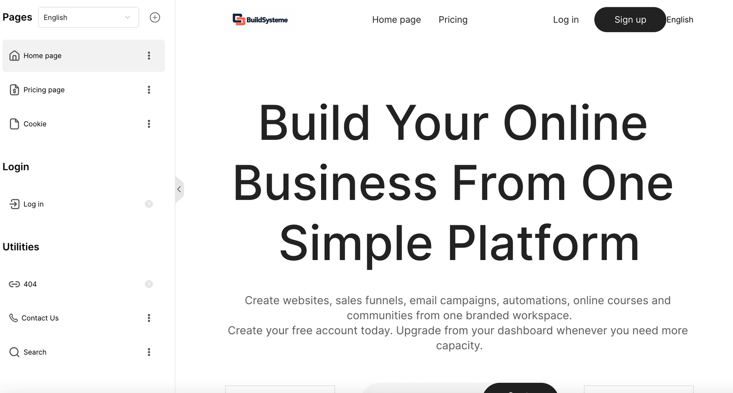 Default white-label pages available inside the page editor