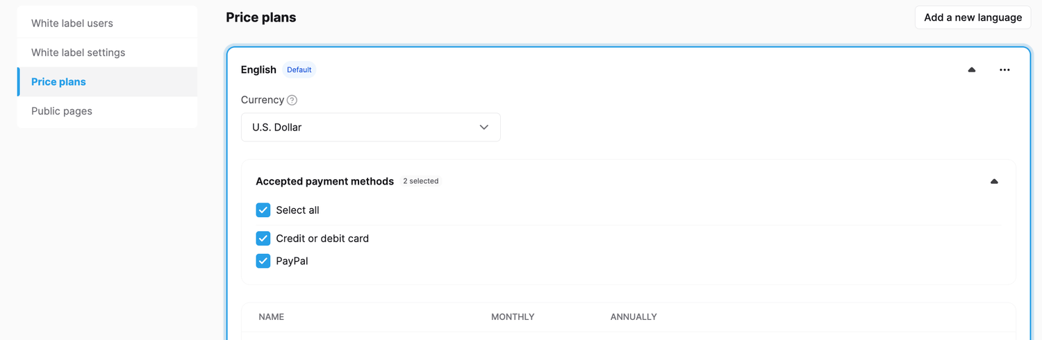 Price plans available inside the white-label reseller dashboard