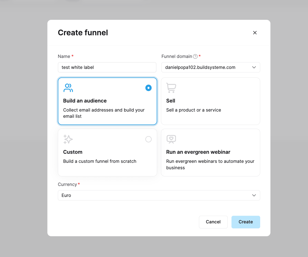 Customer creating a funnel on the default white-label domain