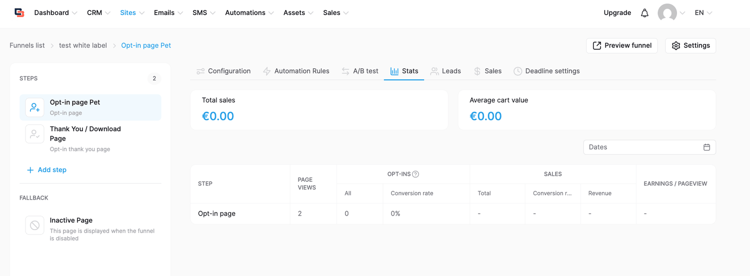 Customer funnel statistics dashboard showing a working page view