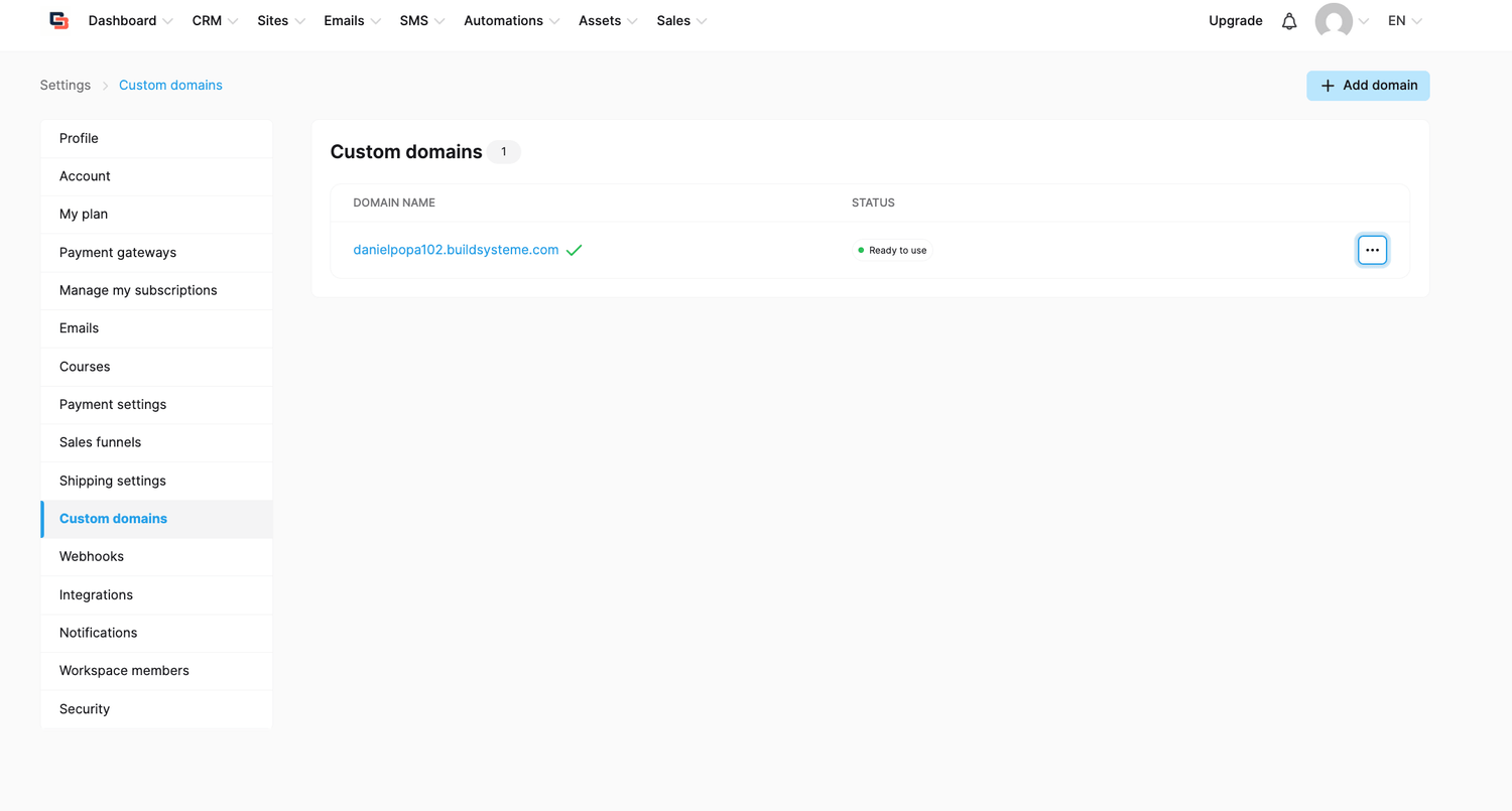 Customer dashboard custom domain area ready to use