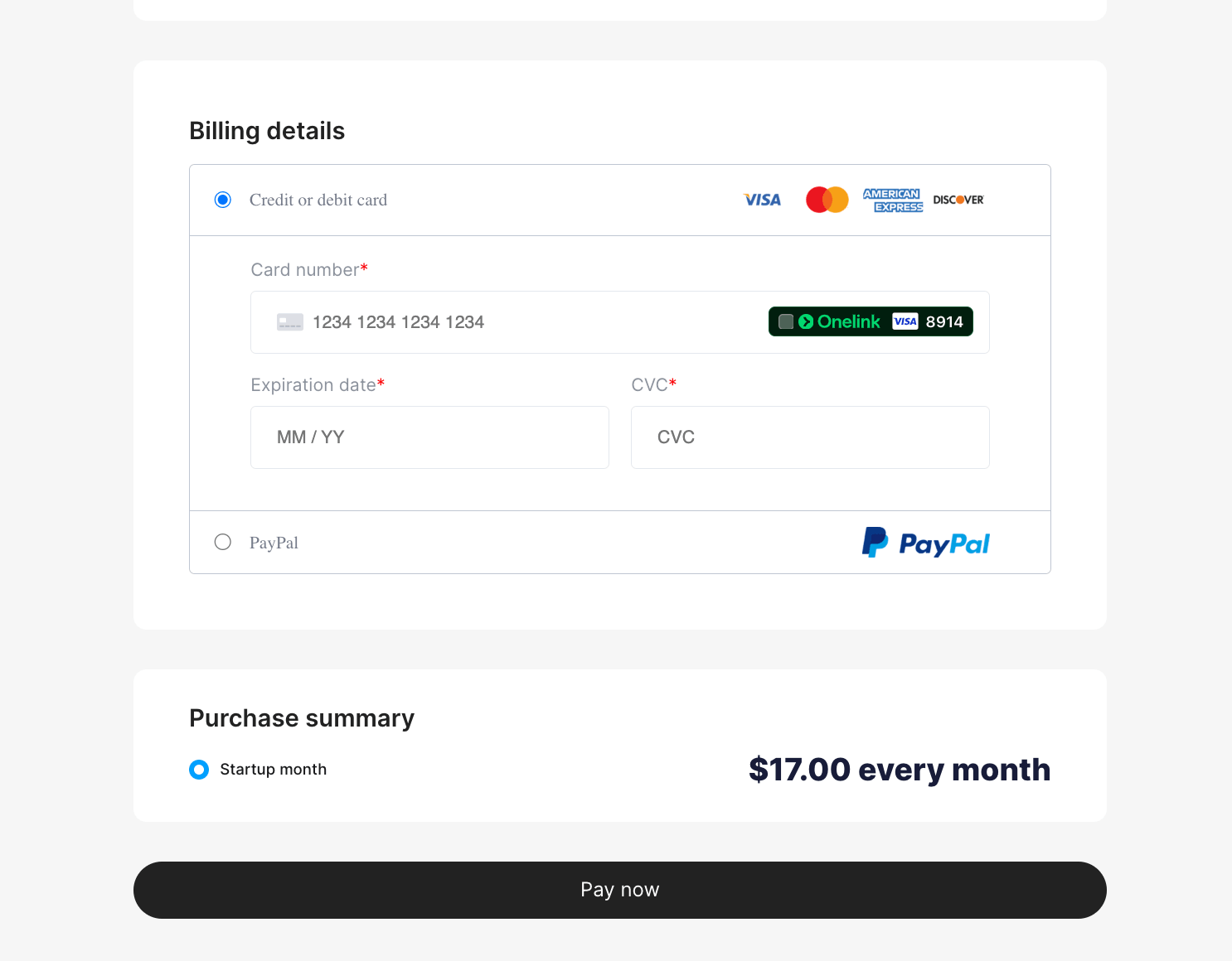 White-label customer upgrade checkout page