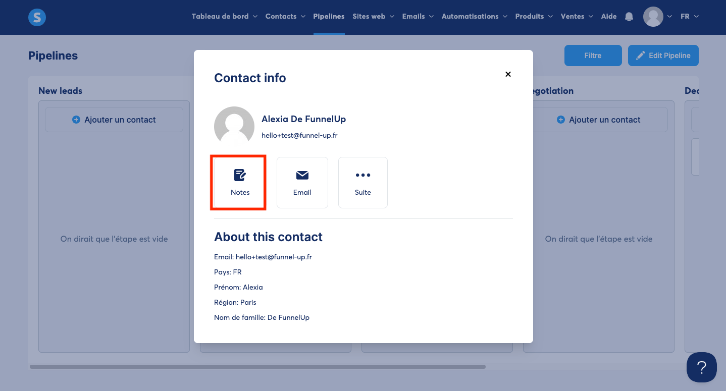 Annoter les fiches contacts du Pipeline Systeme.io