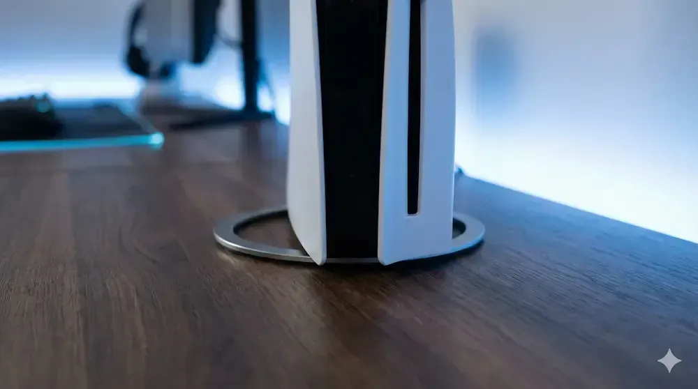PlayStation 5 Slim console mounted upright on a secure vertical stand in a modern gaming setup