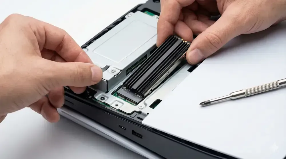 Installing a high-speed NVMe M.2 SSD storage upgrade with heatsink into a PS5 Slim expansion slot