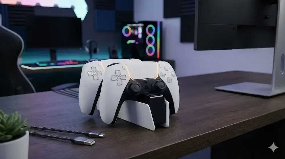 PS5 DualSense charging station docking two controllers with orange charging lights on a gaming desk
