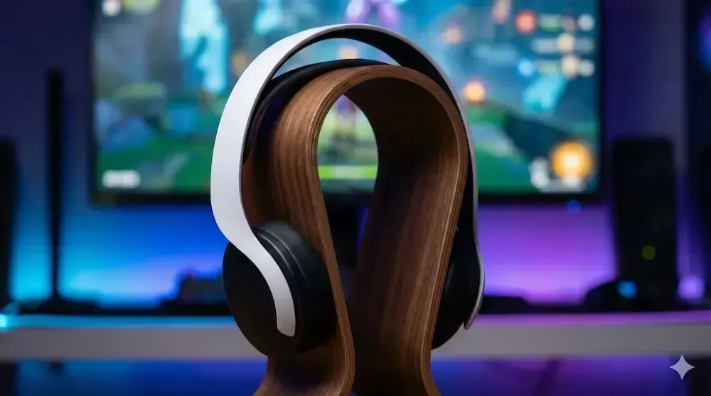 Sony Pulse 3D wireless gaming headset for PS5 resting on a headphone stand