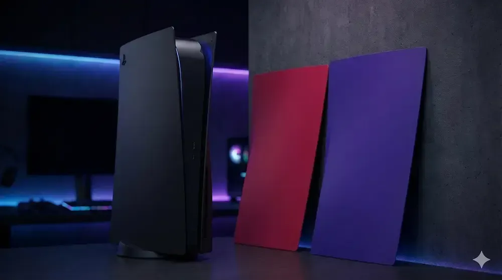 Custom PS5 Slim console faceplates in Midnight Black and Cosmic Red colors