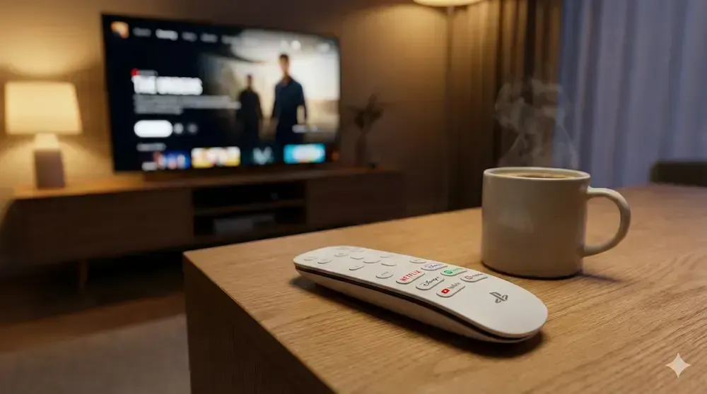 White PS5 Media Remote control for streaming apps lying on a coffee table