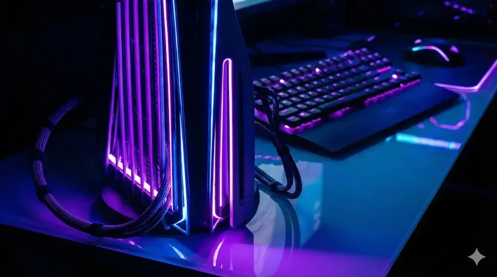 Custom RGB LED light strip kit glowing purple inside PS5 Slim console vents