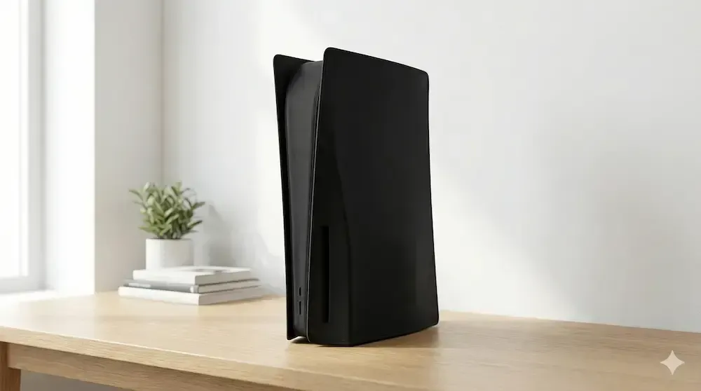 Protective black nylon dust cover fitted over a vertical PS5 Slim console