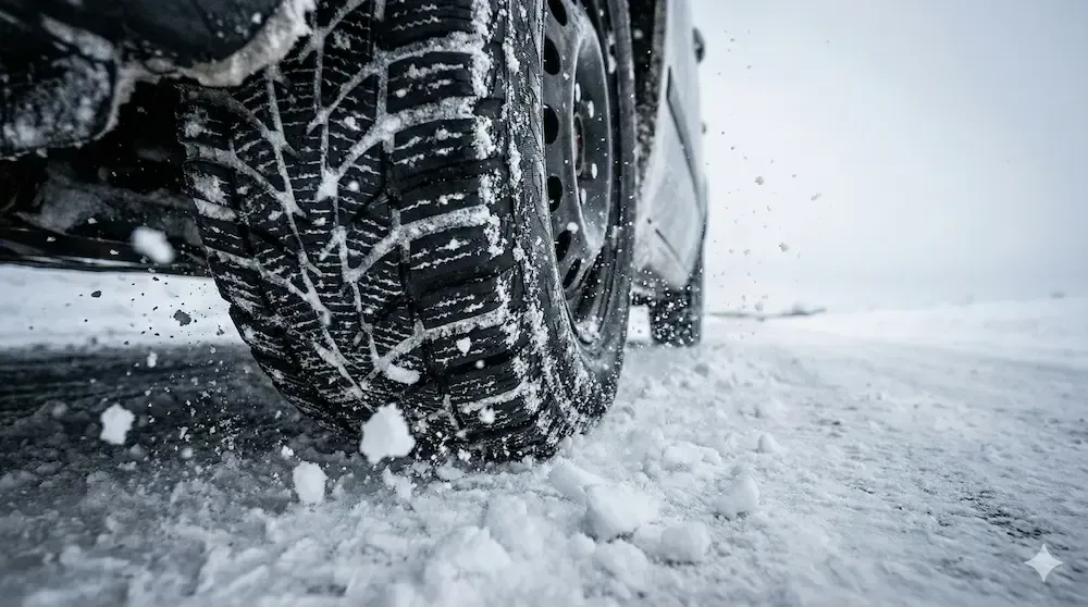 Winter tire gripping deep snow and ice on a frozen road for safety