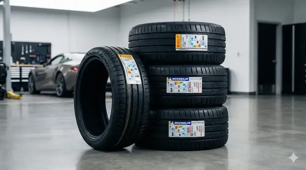 Stack of brand new Michelin and Bridgestone tires with stickers ready for sale