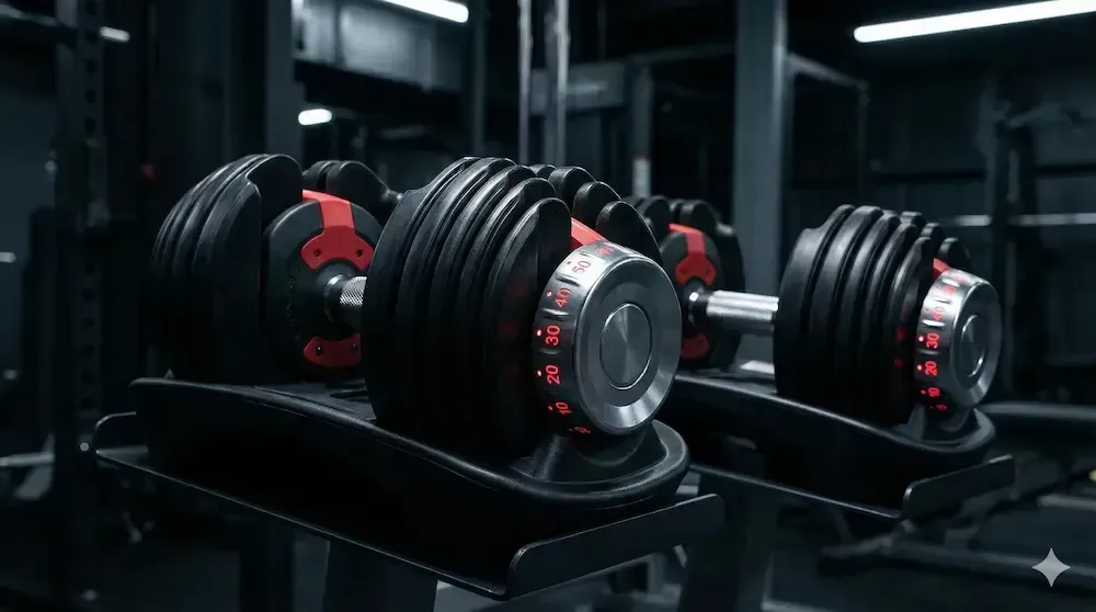 Pair of adjustable dumbbells with weight selection dial for home gym
